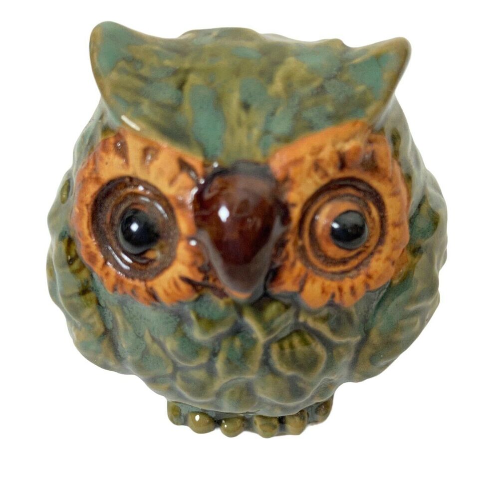 Owl Bird Small Figurine Green Ceramic Decorative Charming Little Glossy Finish